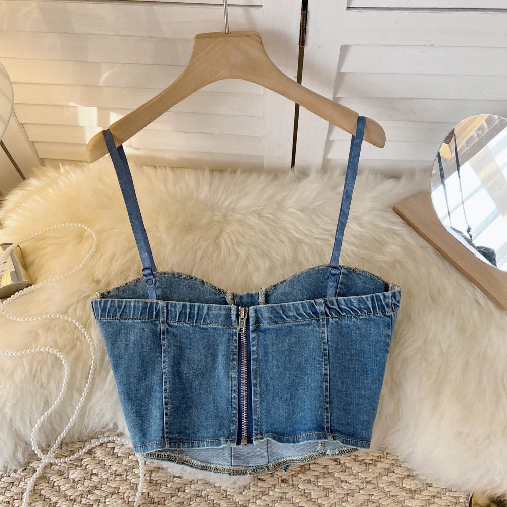 Top Denim Corsetto con Reggiseno Integrato – Crop Top Donna