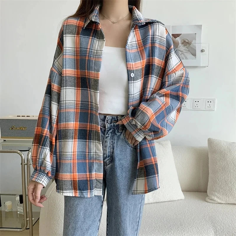 Camicia a quadri donna autunno 2025 – camicia manica lunga stile preppy vintage, taglio loose, single-breasted