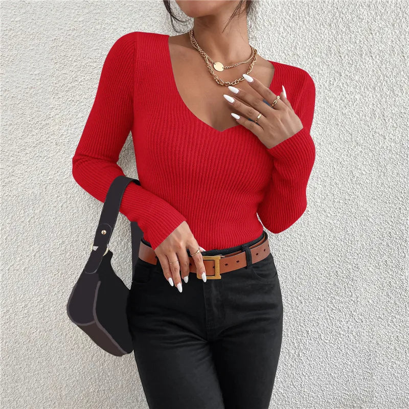 Maglia donna a costine con scollo a V e maniche lunghe