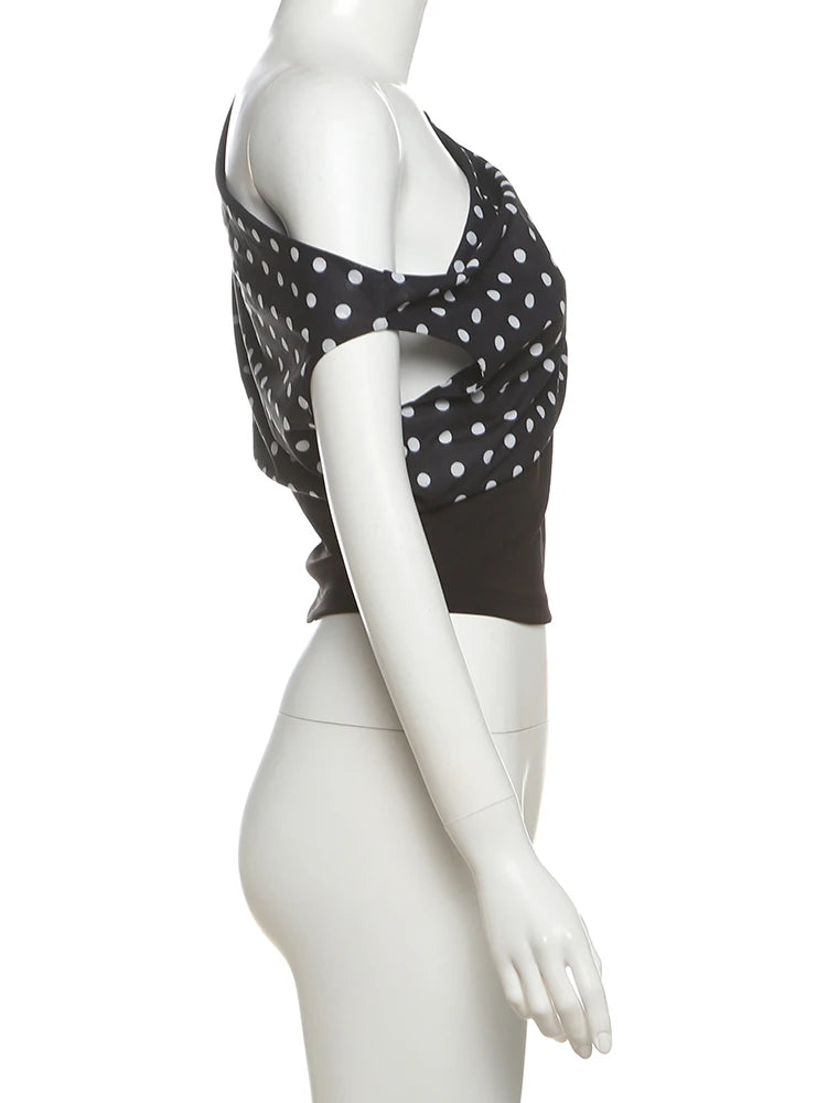 Weird Puss Polka Dots Print T-Shirts Women Summer Trend Skew Collar Off Shoulder Backless Street Fashion Trend Ruched Crop Tops