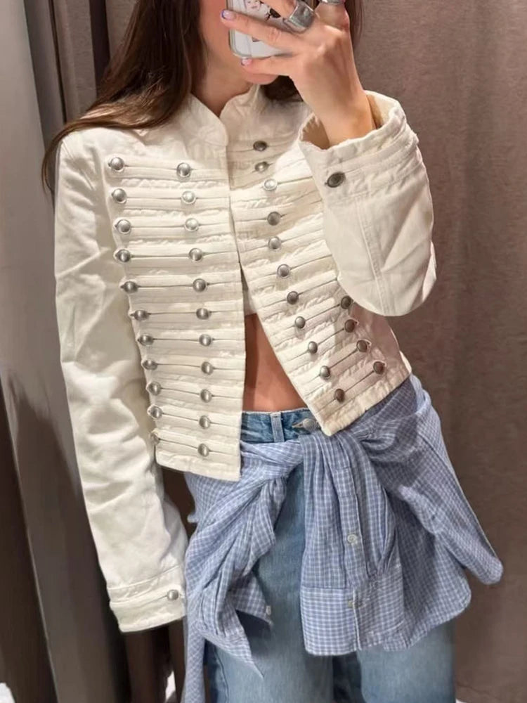 Giacca Corta Donna Vintage con Collo Tondo e Bottoni