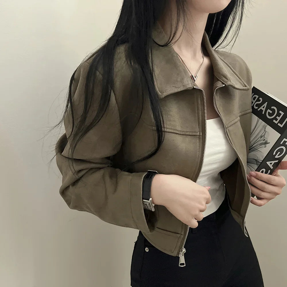 Giacca in pelle donna stile vintage – Giubbotto corto con zip, collo alla coreana, taglio slim fit, versatile e alla moda