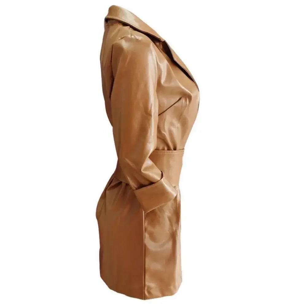 Cappotto in PU leather da donna 2025 – giacca long con cintura, stile elegante per autunno/inverno