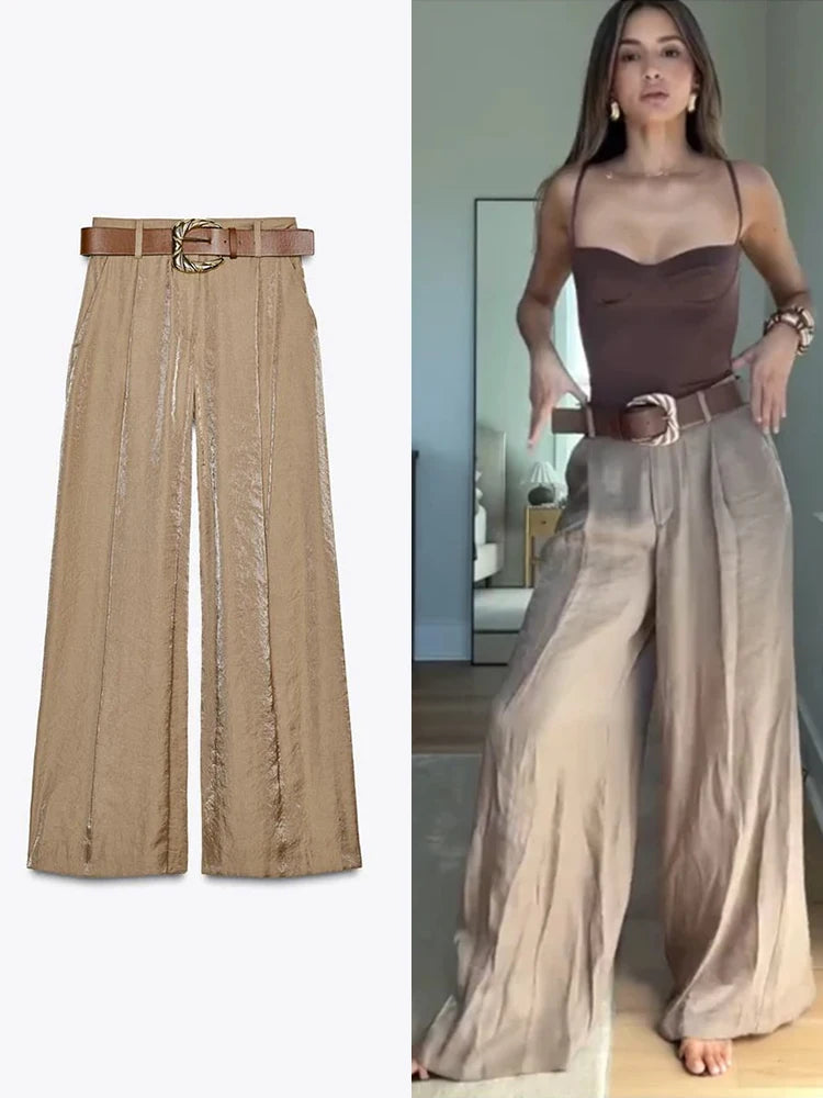 Completo donne 2025 – Pantaloni vita alta largo + body + top in coordinato con cintura inclusa