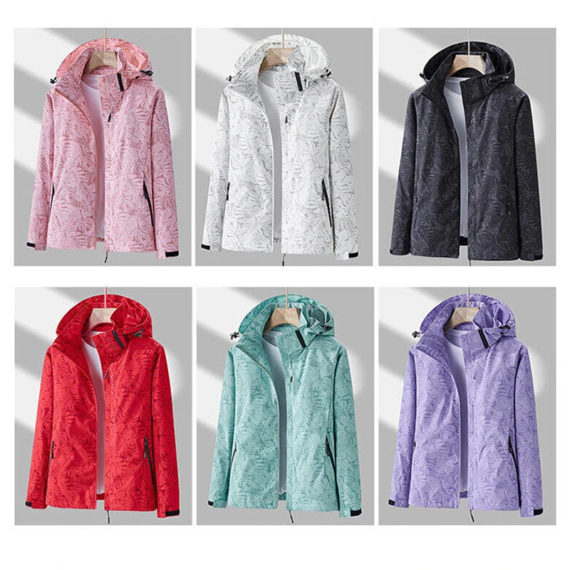 Giacca running donna con stampa foglia, cappuccio staccabile – antivento, waterproof e versatile per hiking