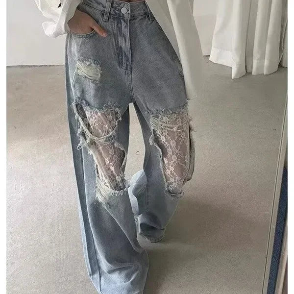 Jeans patchwork denim con inserti in pizzo – pantaloni larghi donna casual stile ribelle 2025