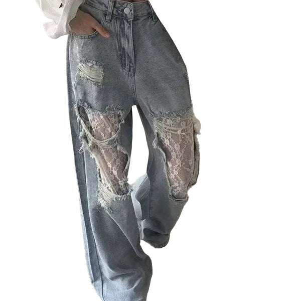 Jeans patchwork denim con inserti in pizzo – pantaloni larghi donna casual stile ribelle 2025