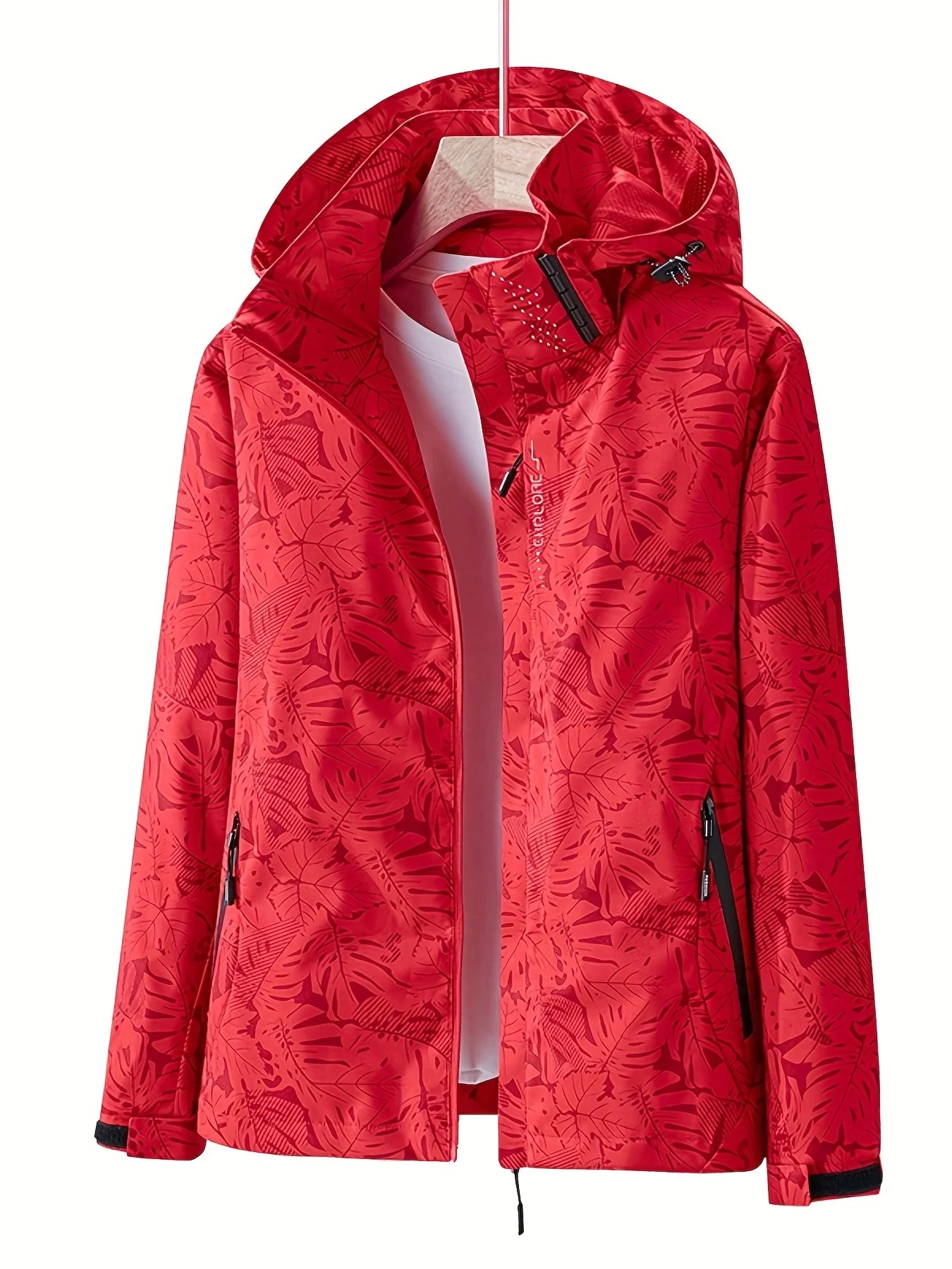 Giacca running donna con stampa foglia, cappuccio staccabile – antivento, waterproof e versatile per hiking