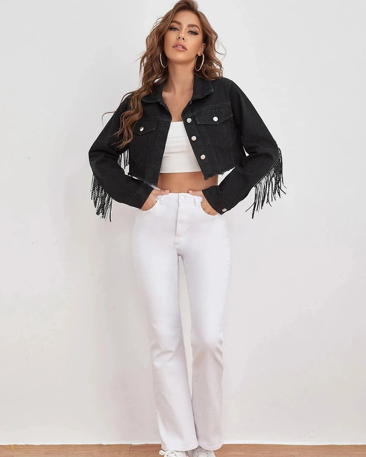 Giacca di jeans cropped con frange e strappi – giacca donna in stile western e boho