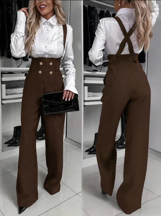 Pantaloni donna marroni a gamba larga con bretelle
