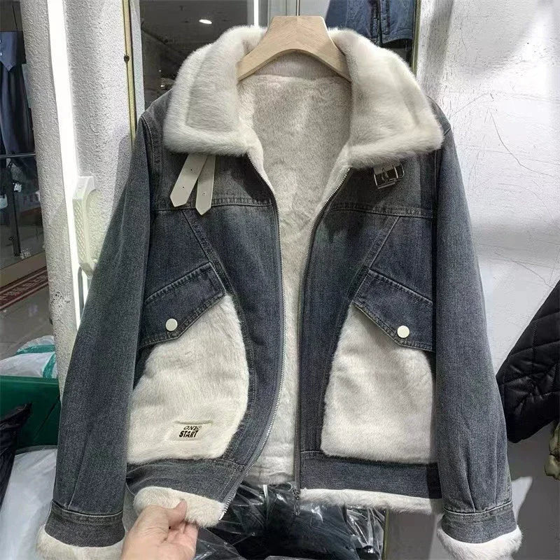 Giacca denim imbottita con pile fissato 2025 – giubbotto baggy da donna con colletto alto e interno caldo
