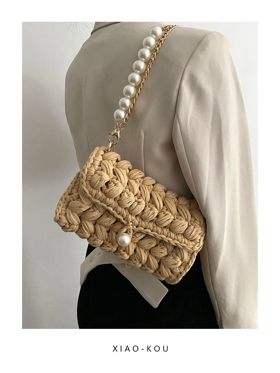 Borsa Donna Crochet a Spalla Uncinetto con Perle e Catena – Design Crossbody