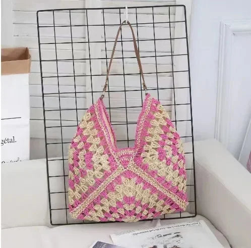 Borsa in paglia intrecciata traforata – straw hollow-out shoulder bag con tasca per smartphone, ideale per viaggio e shopping