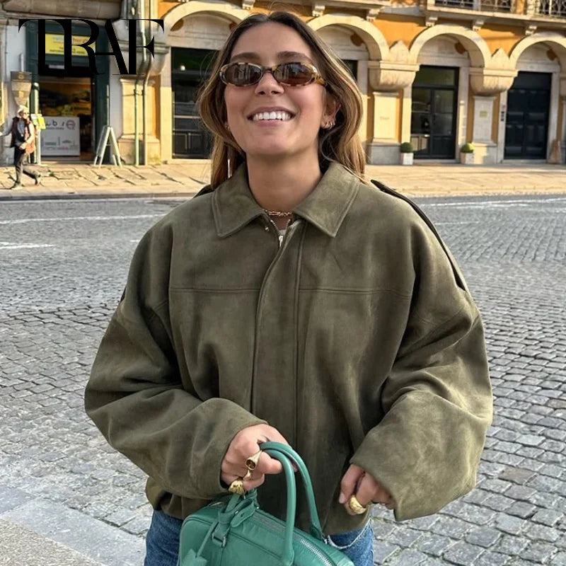 Giacca Bomber Donna con Zip, Collo a Revers e Maniche Lunghe – Giubbotto Corto Stile High Street 2025 per Autunno/Inverno