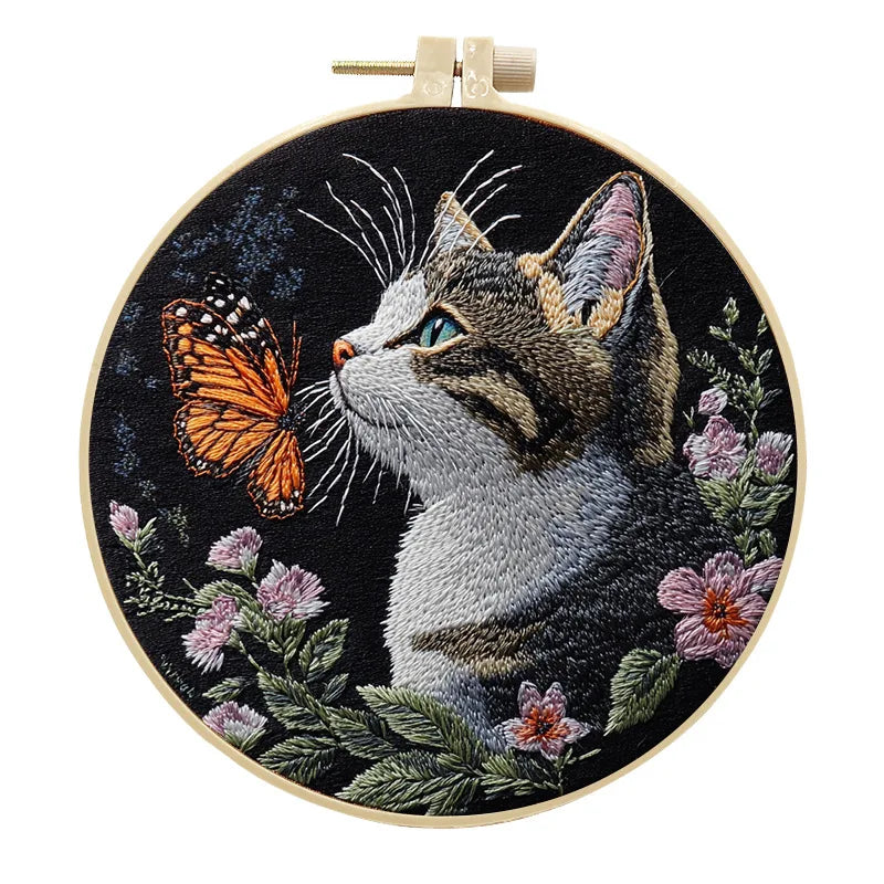 Kit Ricamo Gatto e Fiori – Set DIY Punto Croce per Principianti