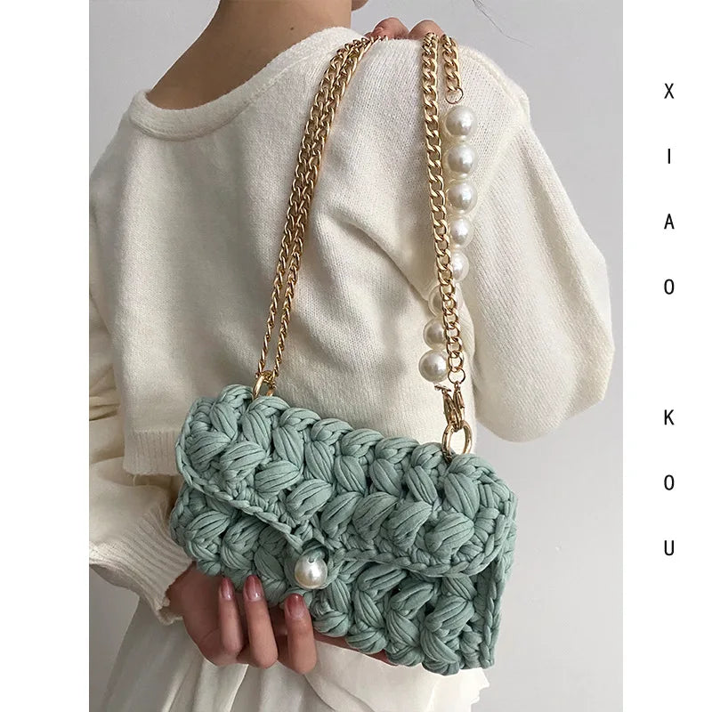 Borsa Donna Crochet a Spalla Uncinetto con Perle e Catena – Design Crossbody