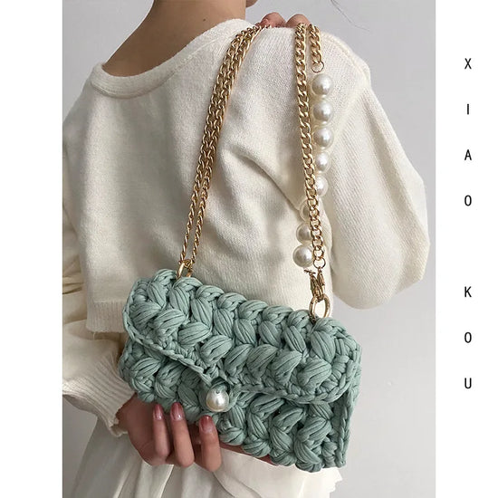 Borsa Donna Crochet a Spalla Uncinetto con Perle e Catena – Design Crossbody