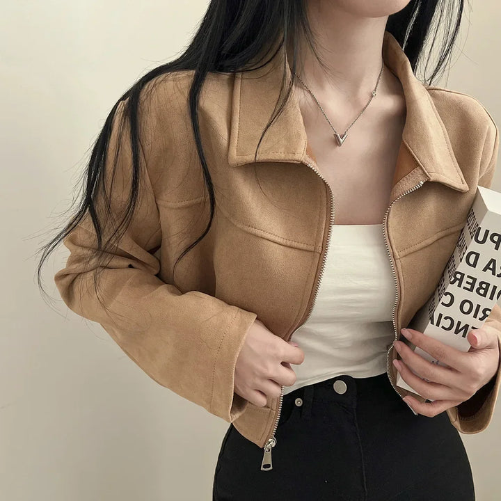 Giacca in pelle donna stile vintage – Giubbotto corto con zip, collo alla coreana, taglio slim fit, versatile e alla moda