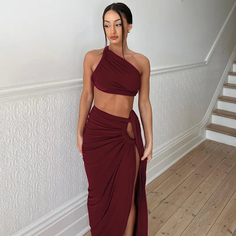 Completo 2 Pezzi Donna Estate 2025 – Top Corto Schiena Scoperta + Gonna Spacco Elegante per Party & Streetwear