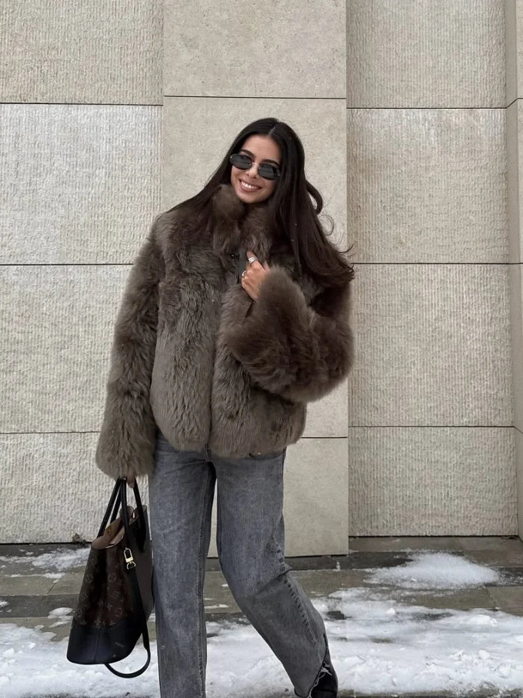 Giacca corta in pelliccia sintetica marrone donna 2025 – maniche lunghe, collo alto, stile urbano e caldo