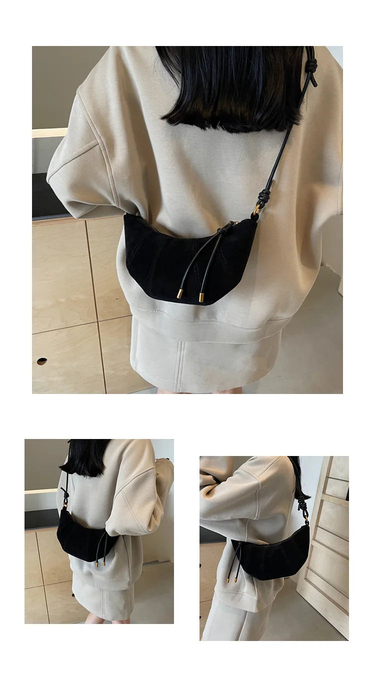 Borsetta baguette crossbody in velluto 2025 – stile western, zip e look raffinato minimal