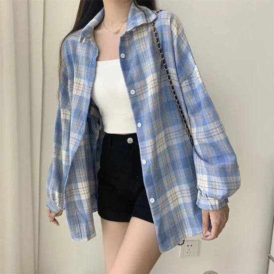 Camicia a quadri donna autunno 2025 – camicia manica lunga stile preppy vintage, taglio loose, single-breasted