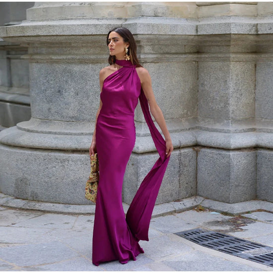 Abito da sera in raso con fiocco per donna – abito elegante schiena scoperta