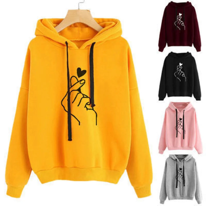 Felpa autunnale con cappuccio e cuore con dito – felpa oversize in pile con tasche e coulisse per look casual e trendy
