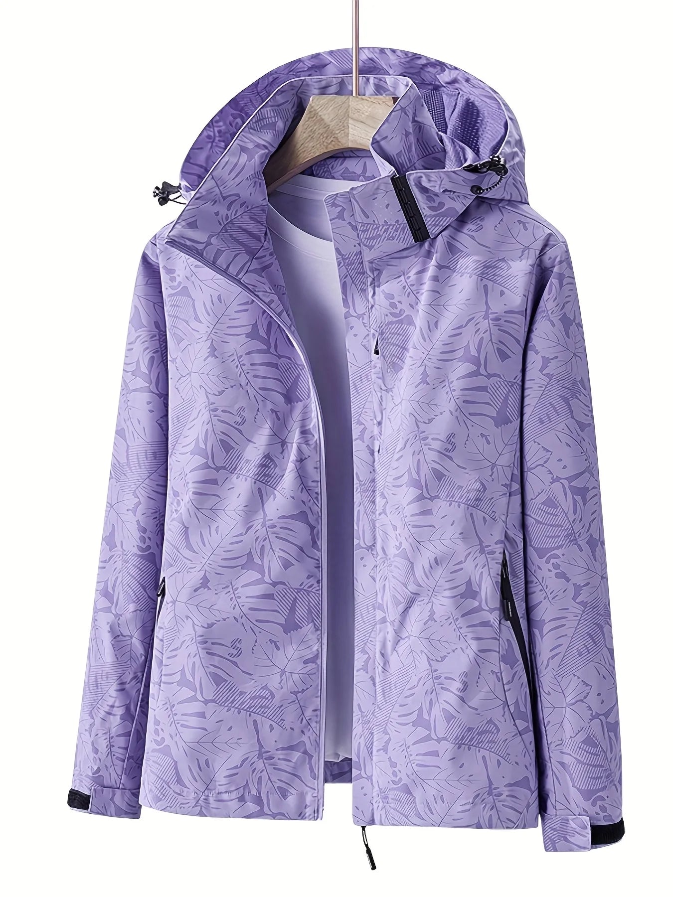 Giacca running donna con stampa foglia, cappuccio staccabile – antivento, waterproof e versatile per hiking