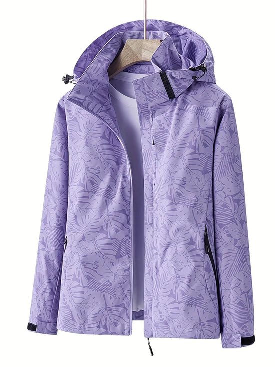 Giacca running donna con stampa foglia, cappuccio staccabile – antivento, waterproof e versatile per hiking