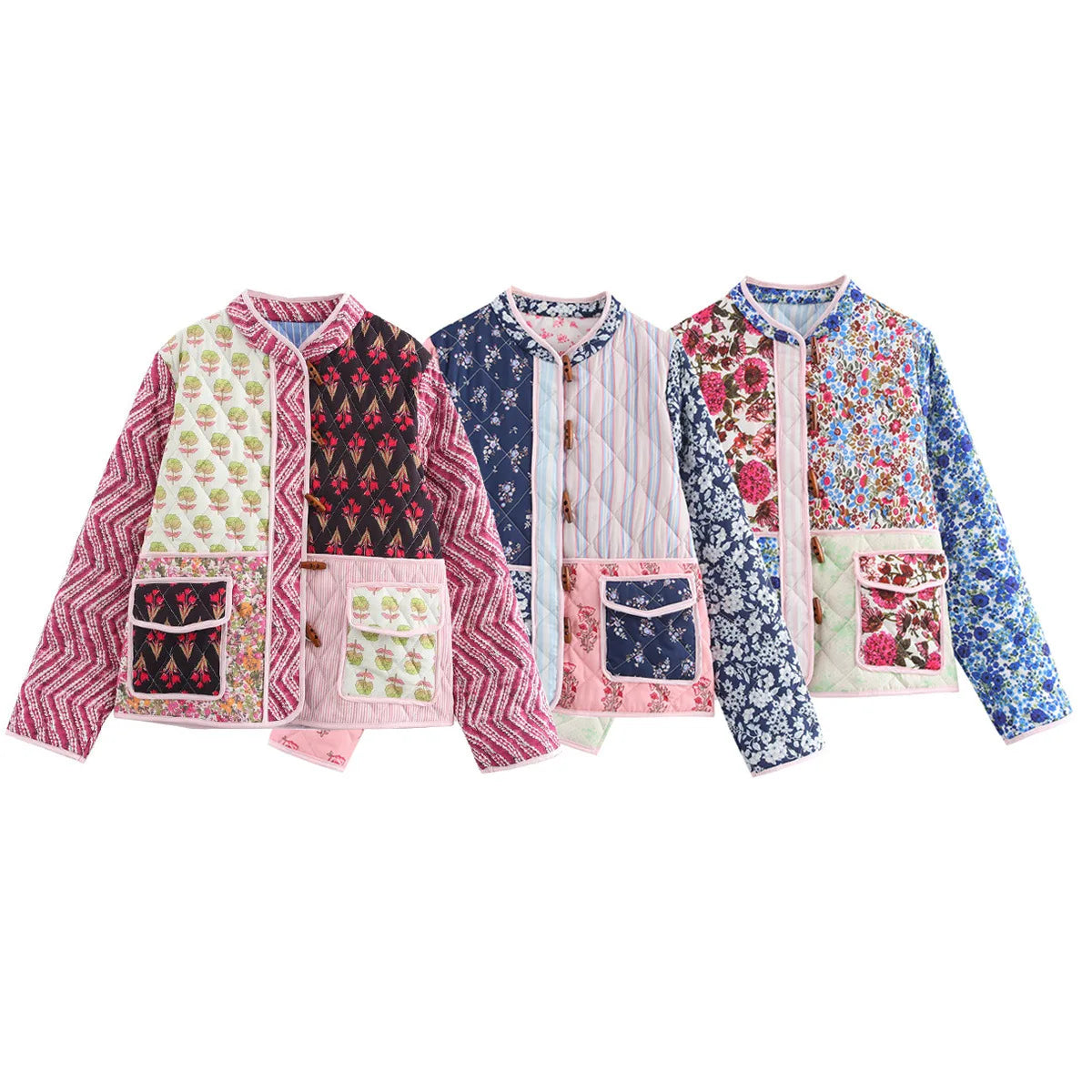 Giacca imbottita donna vintage patchwork floreale – Cappotto cotone con imbottitura, stile casual e warm streetwear