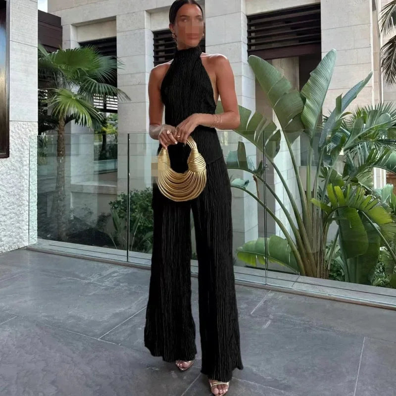 Set donna elegante con top irregolare + pantaloni a zampa bell bottom – completo fashion sexy per outfit da sera / casual chic