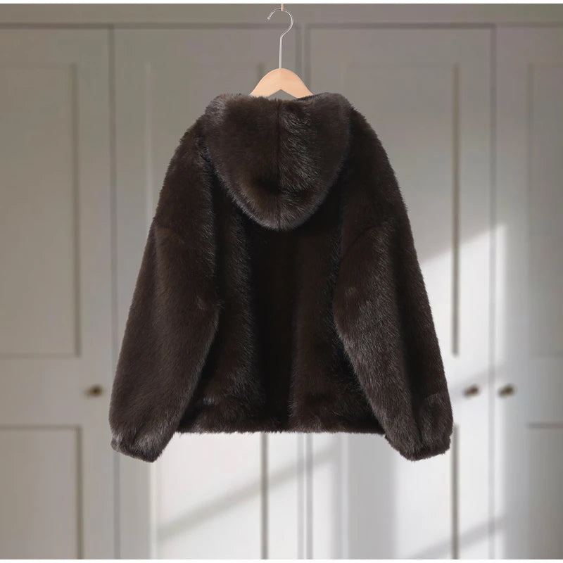 Felpa donna effetto pelliccia marrone con cappuccio