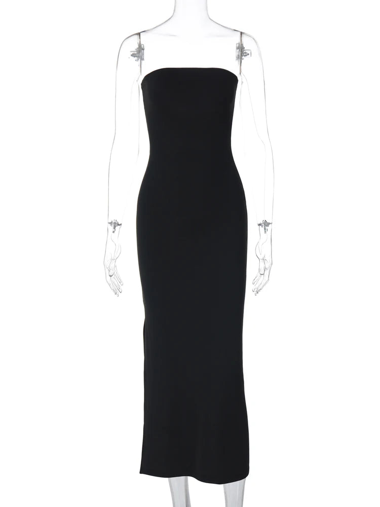 Abito Nero Elegante HugCitar – Maxi Dress Strapless Bodycon per Cerimonie, Party e Serate