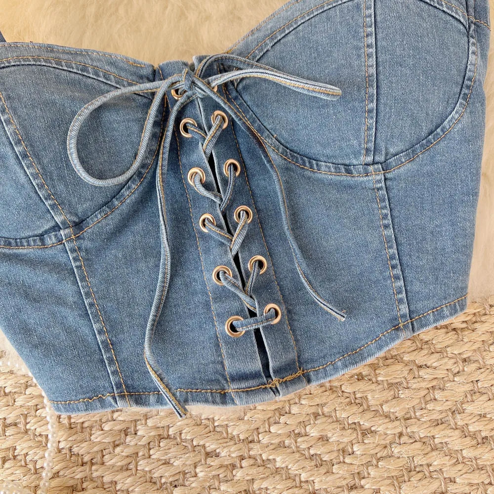 Top Denim Corsetto con Reggiseno Integrato – Crop Top Donna