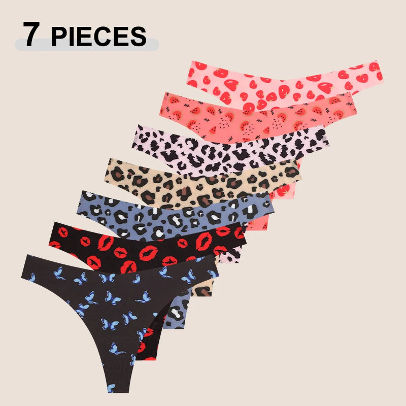Set 7 pezzi perizomi donna in ice silk ultra sottile – G-string vita bassa con stampa farfalla/leopardato/frutta, lingerie comfort e sexy