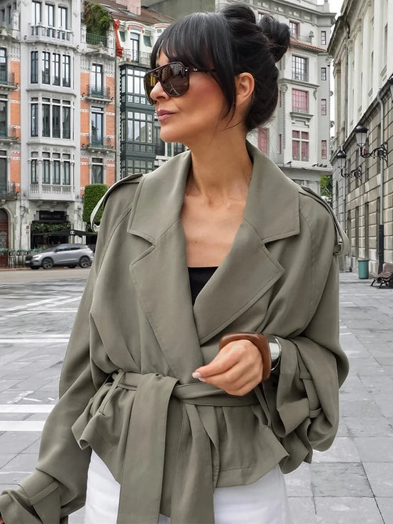 Trench coat corto con lacci per donna – Giacca a maniche lunghe, colletto a revers, abbottonatura singola, stile casual elegante per la primavera/autunno 2025