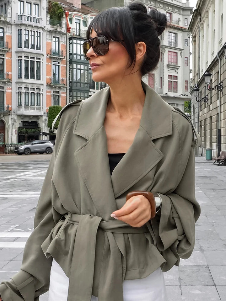 Trench coat corto con lacci per donna – Giacca a maniche lunghe, colletto a revers, abbottonatura singola, stile casual elegante per la primavera/autunno 2025