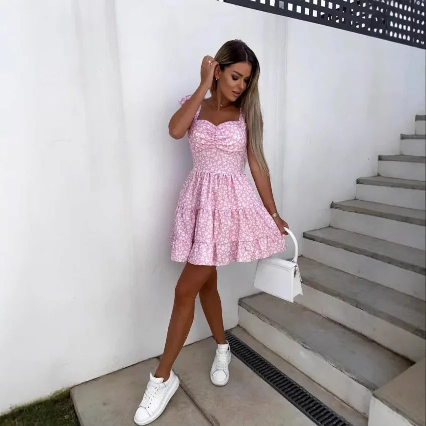 Abito mini estivo 2025 con stampa, scollo halter, spalline regolabili – Vestito donna fresco e unico