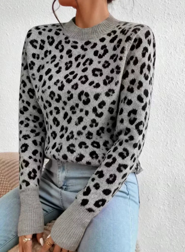 Maglione leopardato donna girocollo a maniche lunghe