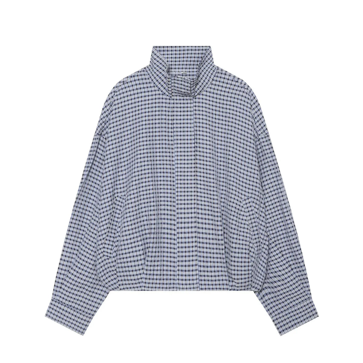 Giacca donna a quadri con collo alto e zip - Quadri blu (blue plaid)