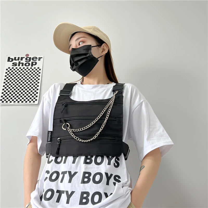 Borsa a petto unisex a 3 strati – pettorina nylon streetwear hip-hop versatile