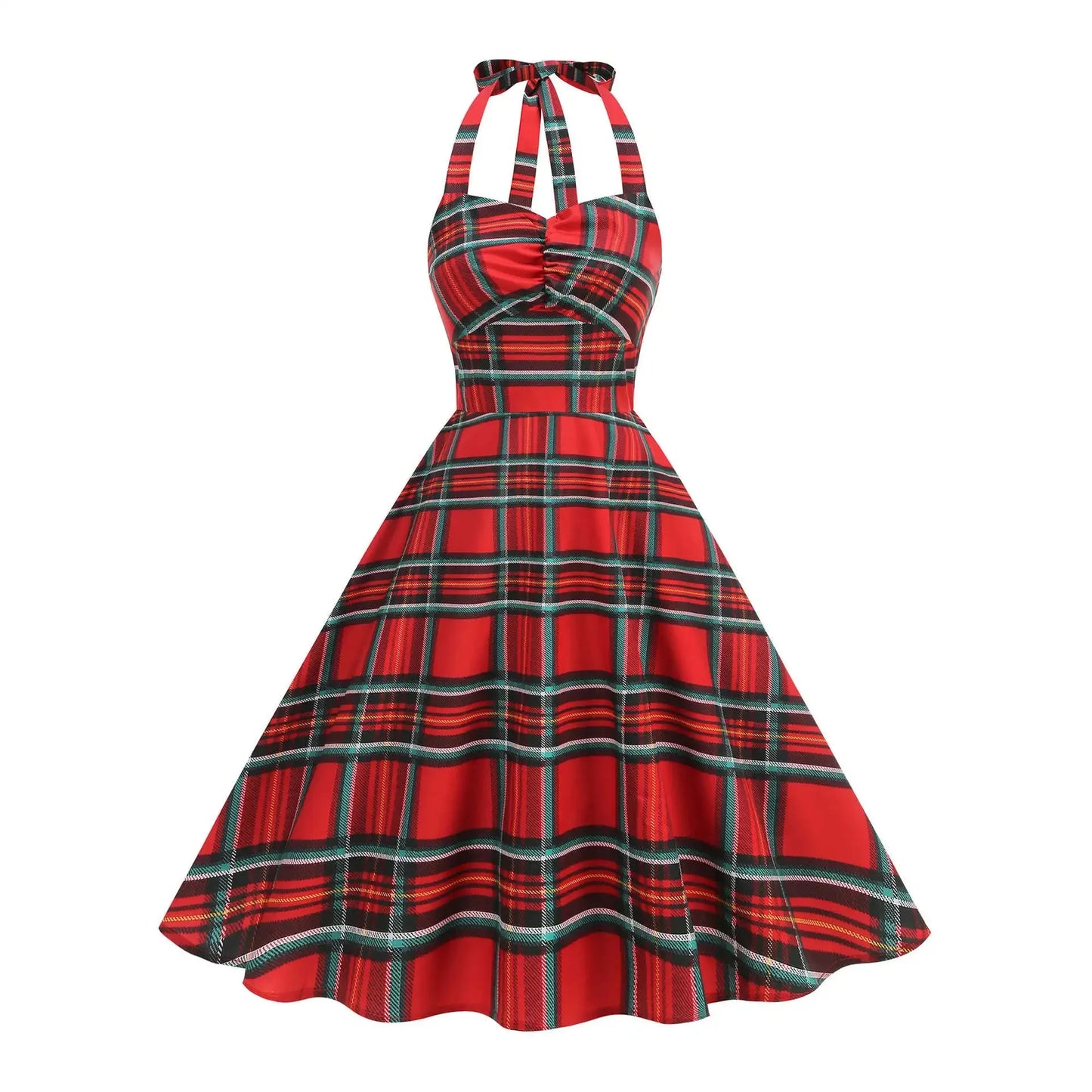 Abito donna autunno-inverno con motivo scozzese natalizio – manica lunga, vita regolare, stile elegante plaid rossa e verde
