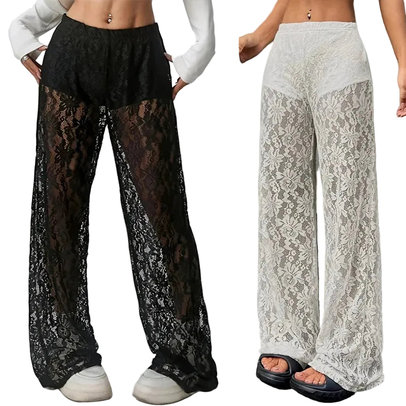 Pantaloni donna con pizzo trasparente dritti vita bassa
