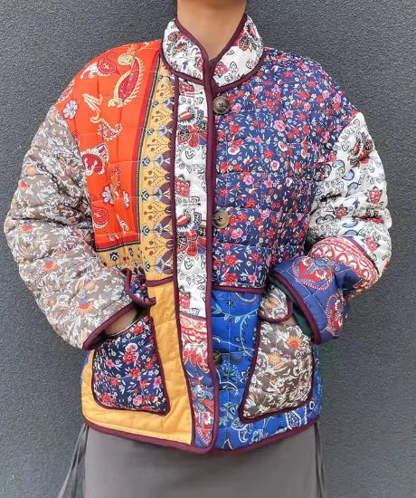Giacca imbottita donna vintage patchwork floreale – Cappotto cotone con imbottitura, stile casual e warm streetwear