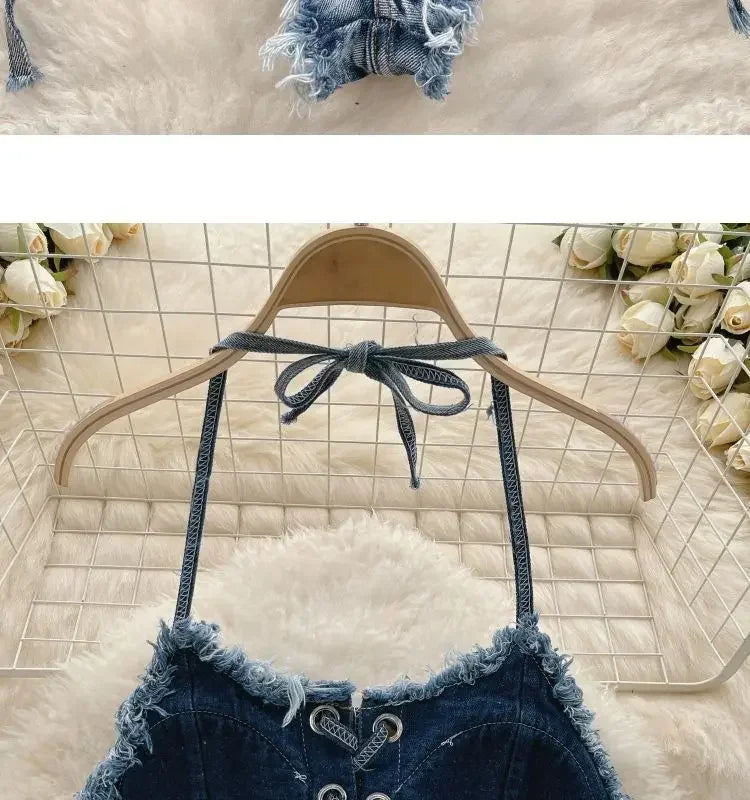 Set bikini donna 2025 con top bra e shorts a vita alta in denim