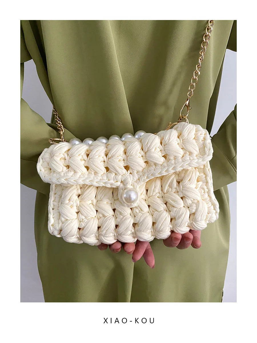 Borsa Donna Crochet a Spalla Uncinetto con Perle e Catena – Design Crossbody