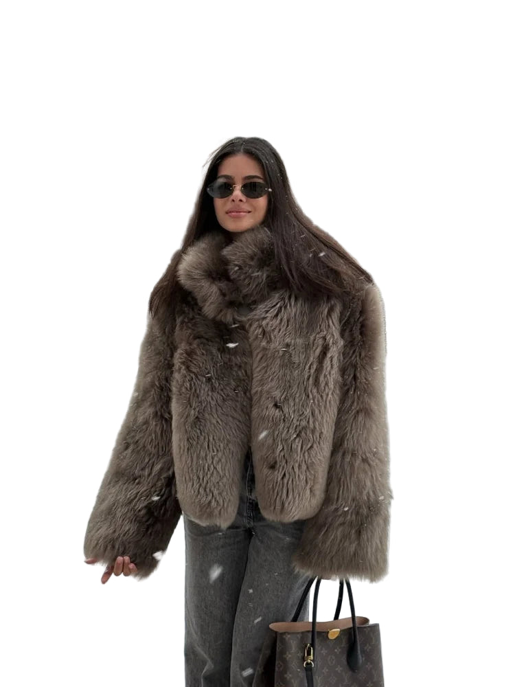 Giacca corta in pelliccia sintetica marrone donna – maniche lunghe, collo alto, stile urbano e caldo