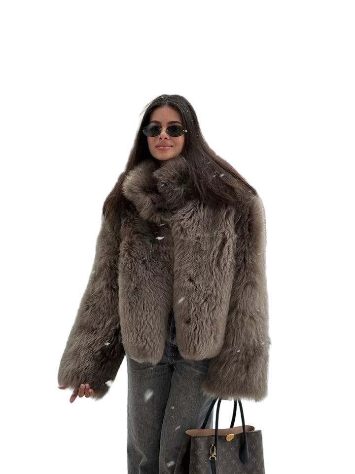 Giacca corta in pelliccia sintetica marrone donna 2025 – maniche lunghe, collo alto, stile urbano e caldo