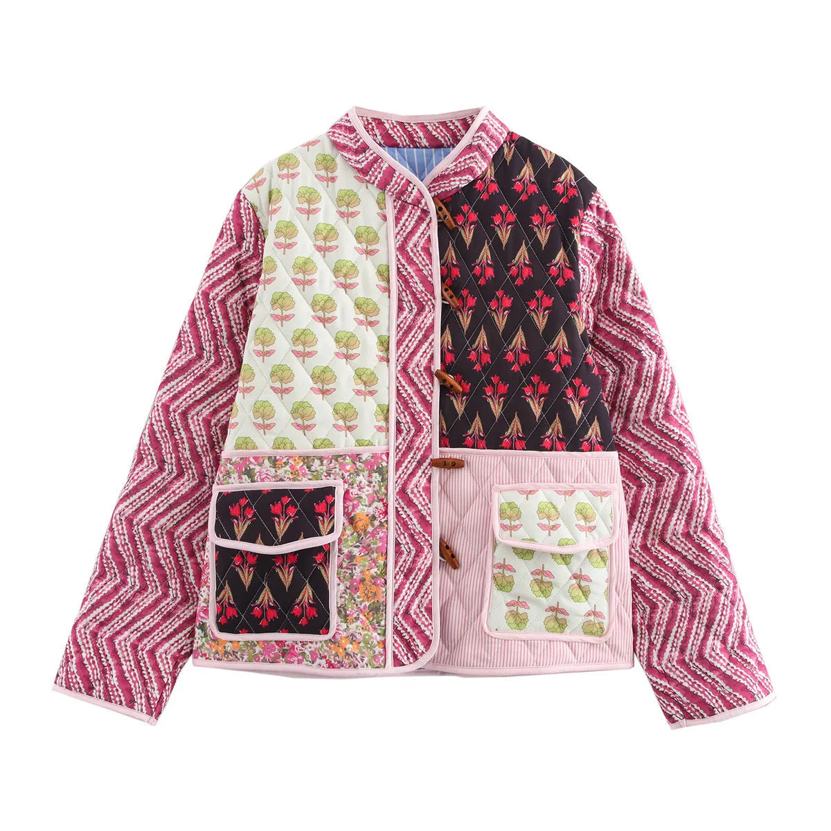 Giacca imbottita donna vintage patchwork floreale – Cappotto cotone con imbottitura, stile casual e warm streetwear